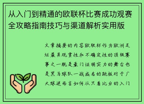 从入门到精通的欧联杯比赛成功观赛全攻略指南技巧与渠道解析实用版 从入门到精通的欧联杯比赛成功观赛全攻略指南技巧与渠道解析实用版