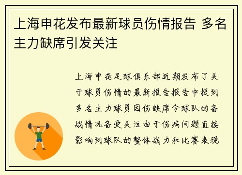 上海申花发布最新球员伤情报告 多名主力缺席引发关注